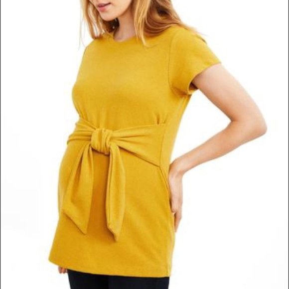 A Pea In The Pod Mustard Gold Short Sleeve Tie Front Maternity Top Womens Medium - Picture 11 of 11